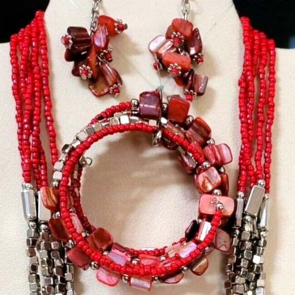 Red Silver Beaded Shell Multi Strand Necklace 3 PC Set - Picture 2 of 6